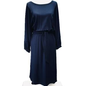 By Anthropologie Jersey Knit Jewel Neck Popover Midi Belted Dress Blue Women M